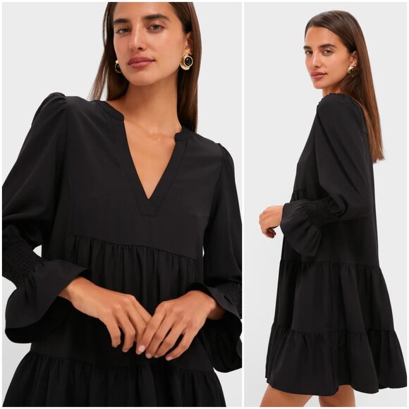 Tuckernuck Kenzo Dress black crepe size XXL tiered swing mini long sleeve - Picture 3 of 7